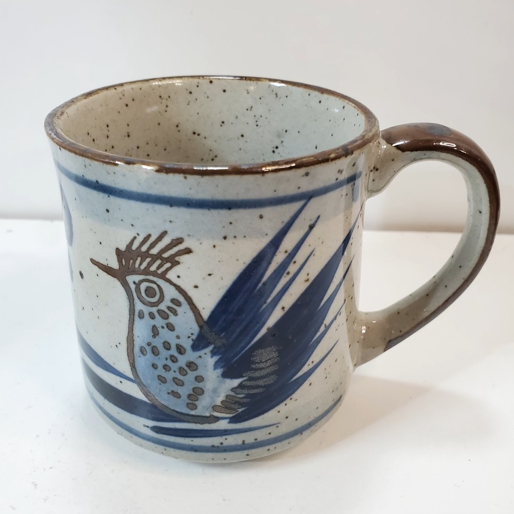 Vintage Stoneware Pottery Coffee Mug w Hand Painted Bird, Flowers, & Leaves